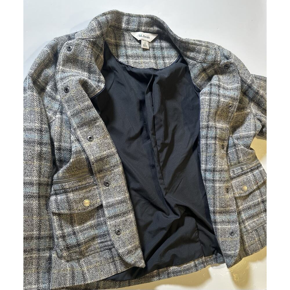 LL Bean Womens Sm Blazer Jacket Herringbone Tweed Wool Silk Snaps Elbow Patches - Picture 6 of 8